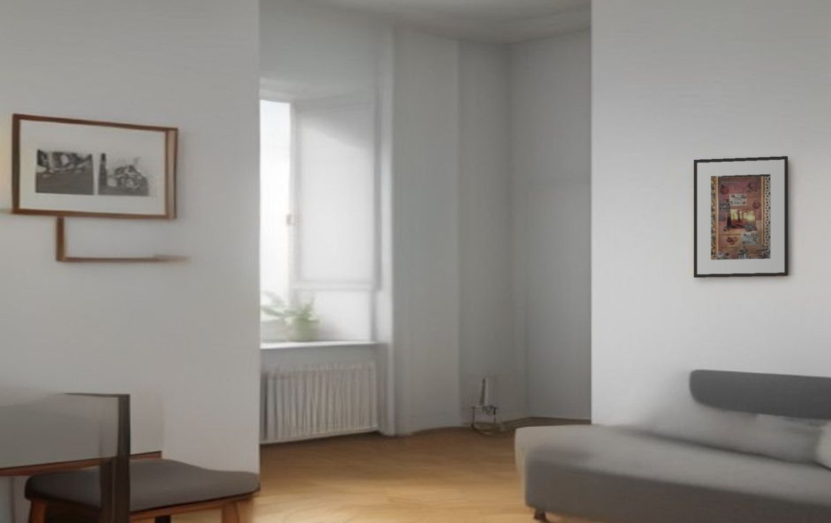 Gerahmte Collage an der Wand im hellen Wohnzimmer am Fenster