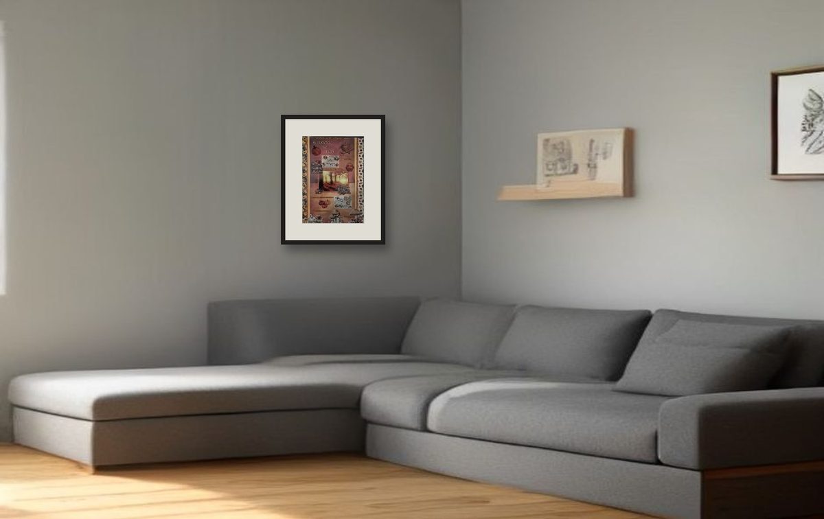 Gerahmte Collage über einem grauen Ecksofa